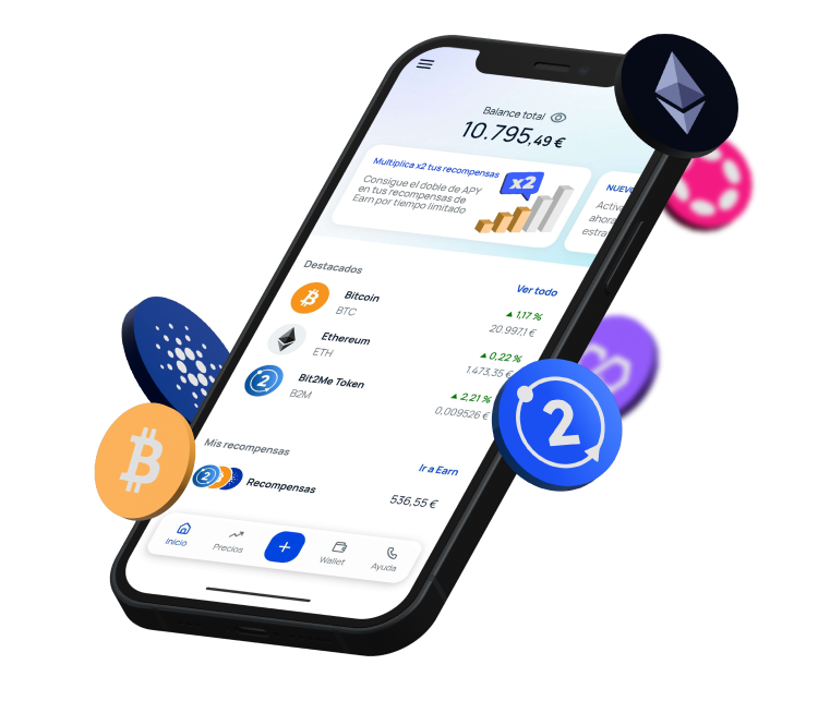 Móvil con la app Bit2Me y monedas de criptomonedas