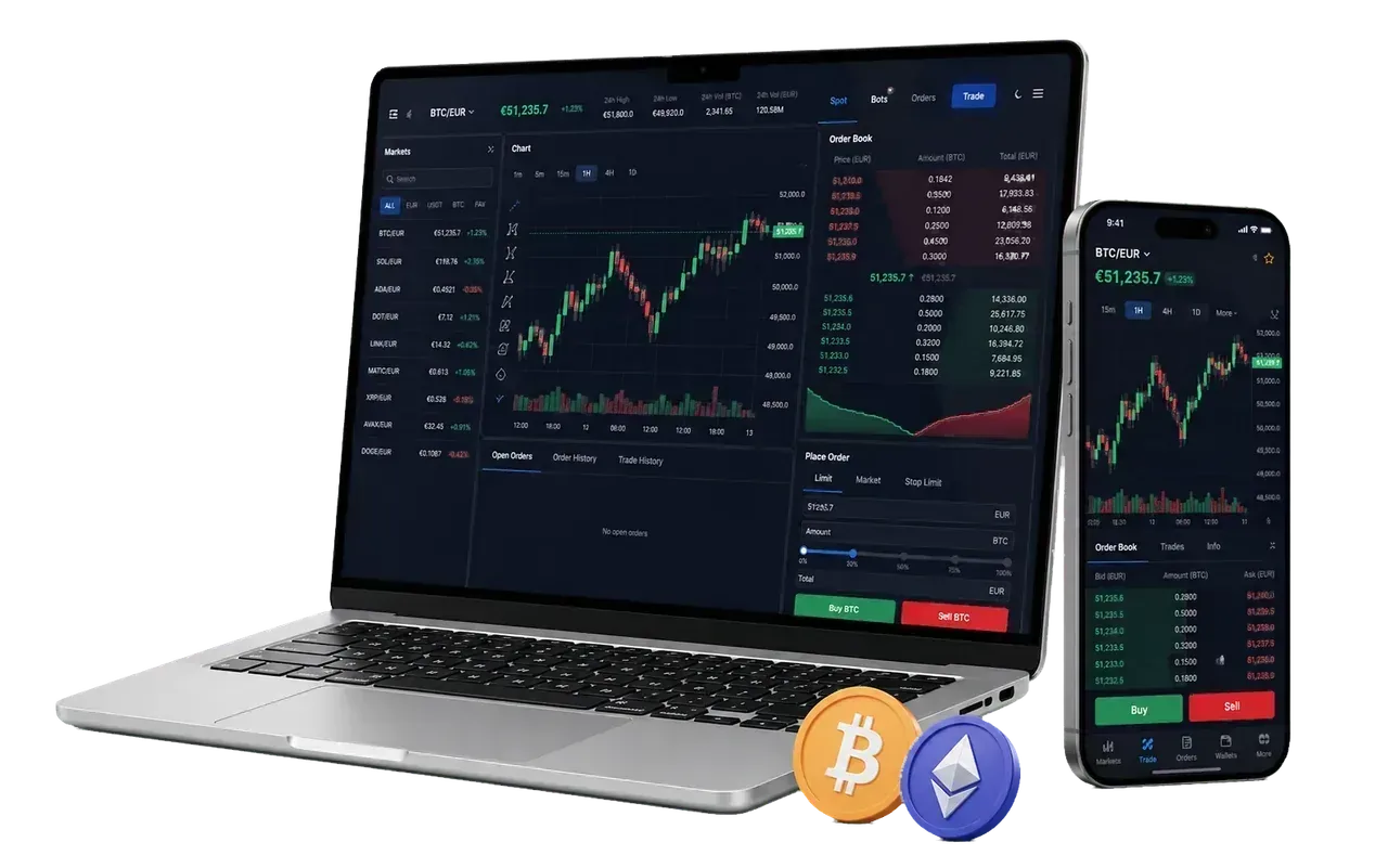 Interfaz de Bit2Me en ordenador y móvil con mercados y operativa cripto