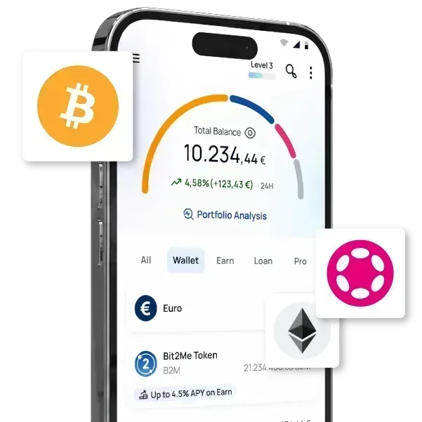Bit2Me Wallet en el móvil mostrando saldo y operativa