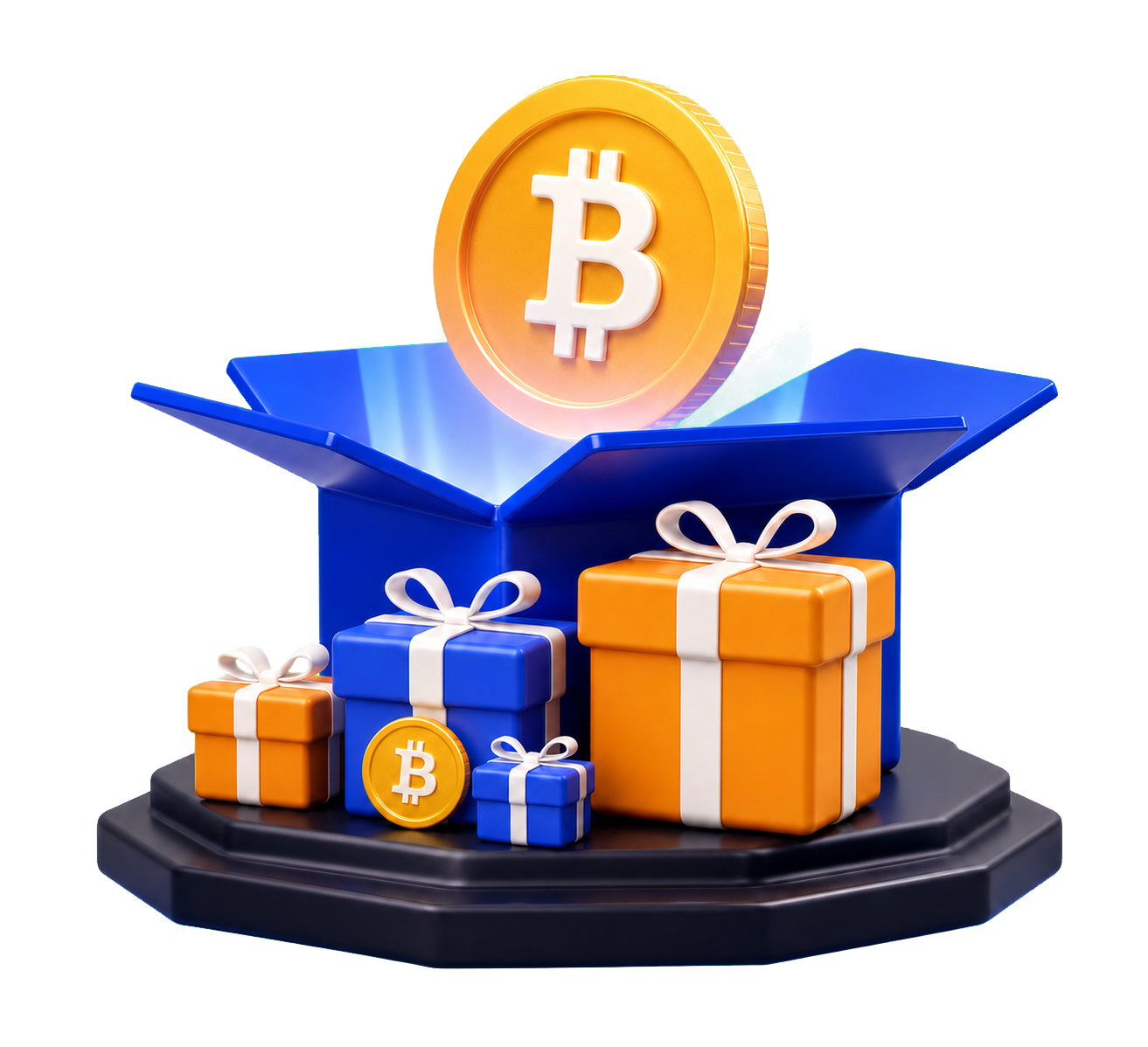 Caja sorpresa abierta de Bit2Me con monedas y una Bitcoin flotando