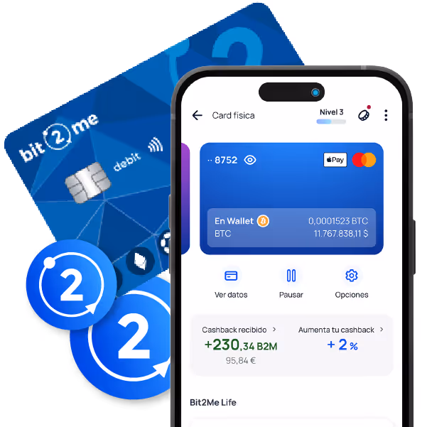 Visual de Bit2Me Card conectada con saldo de Earn para pagos del dia a dia