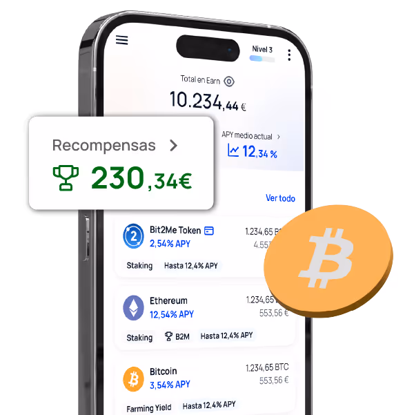 Visual de Bit2Me Earn con saldo, recompensas y acceso simple desde la app